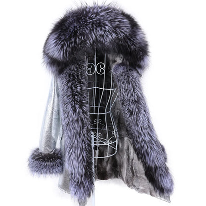 MAOMAOKONG 2023 Abnehmbarer Echtfuchs Pelzkragen Mäntel Damen Winterjacke Kapuze Kaninchenfellfutter Lange Parkas Damenbekleidung