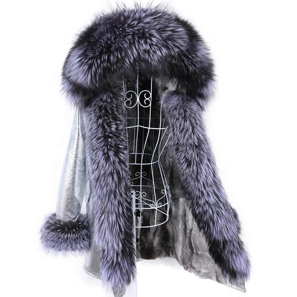 MAOMAOKONG 2023 Abnehmbarer Echtfuchs Pelzkragen Mäntel Damen Winterjacke Kapuze Kaninchenfellfutter Lange Parkas Damenbekleidung