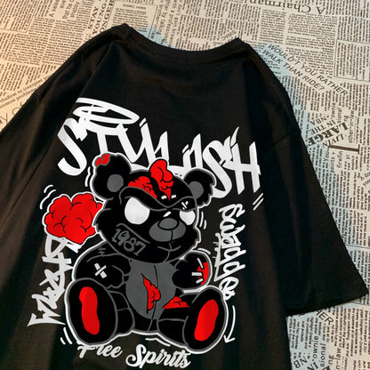 Explodierende schwarze Puppenbär-Männer-Frauen-T-Shirts Hochwertige Baumwolltops Sommer Locker T-Shirts Einfachheit Atmungsaktive Streetwear