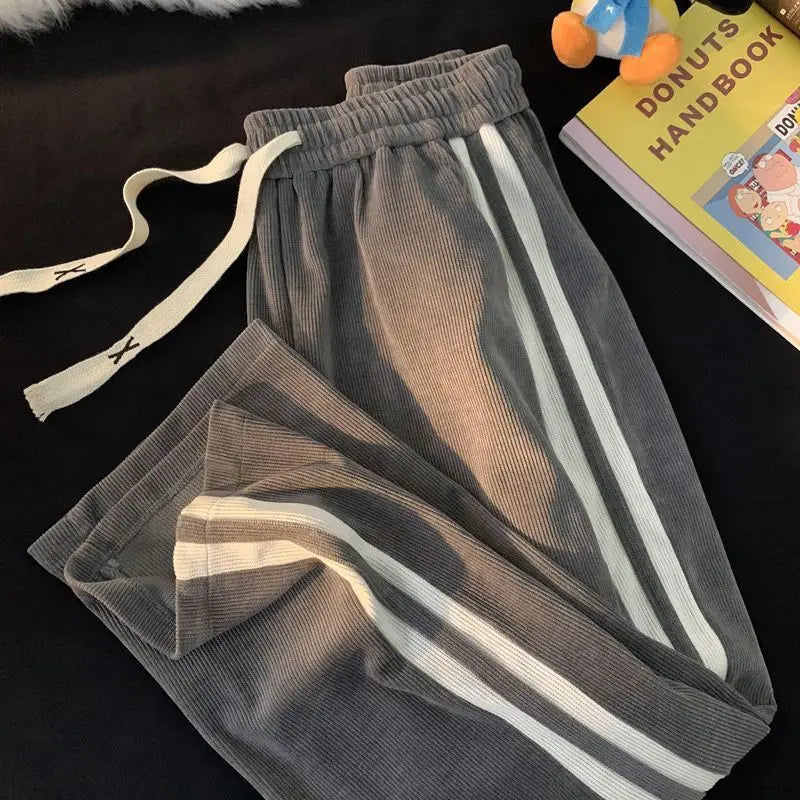 Fleece Corduroy Solid Striped Straight Pants Men Patchwork Drawstring Versatile Trendy Casual Trousers