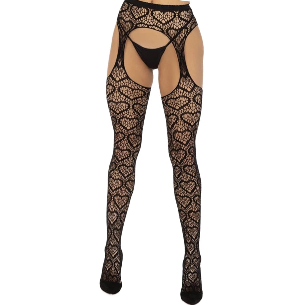 Erotic White Tights Sexy Nightwear Fishnet Thigh High Body Stockings Hot Girl Heart Pattern High Waist Pantyhose for Women