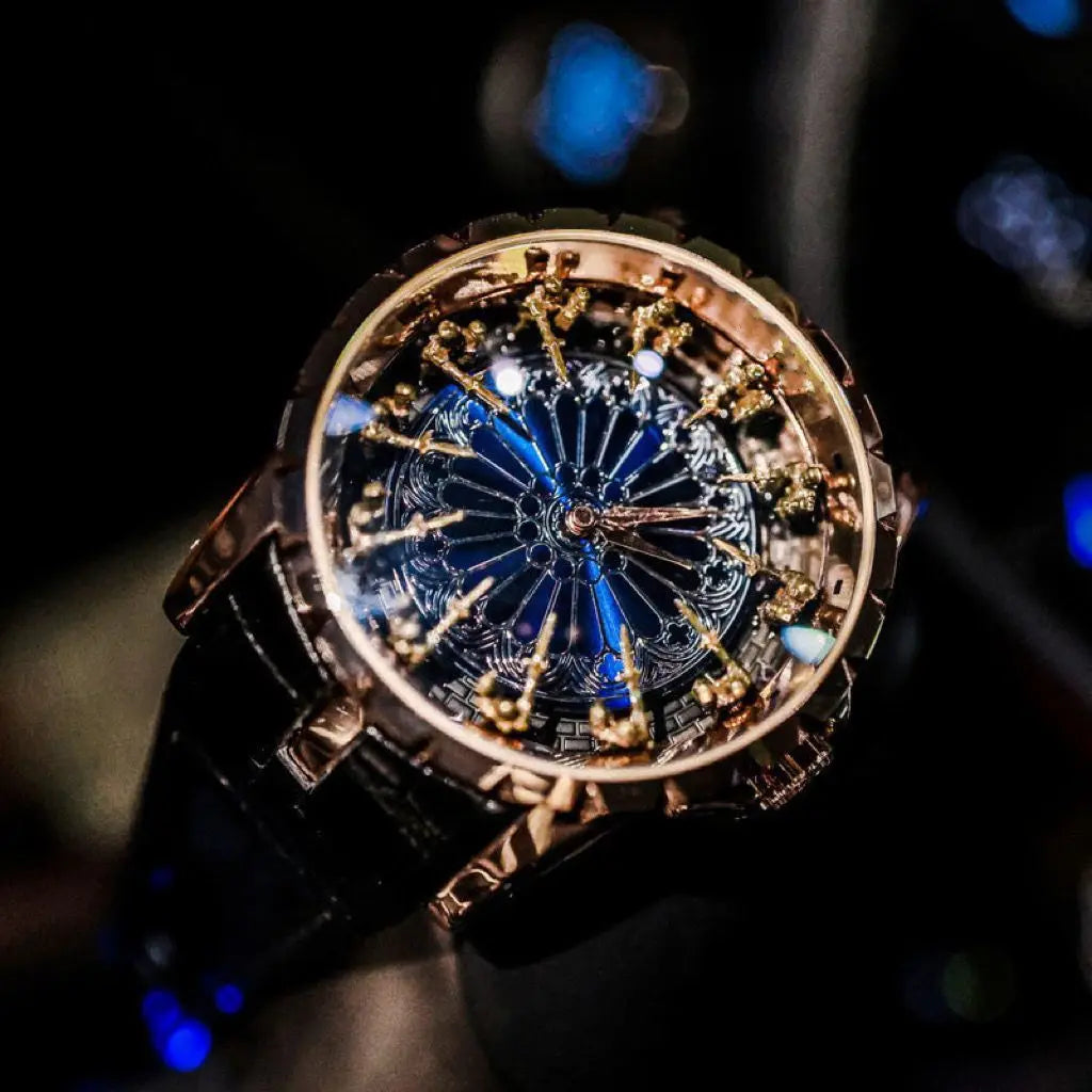 Luxury watch with intricate design and visible brand name on a dark background