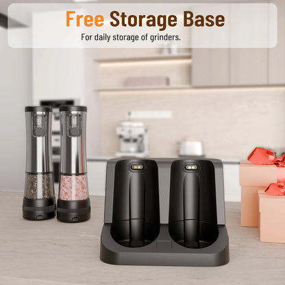 Electric Automatic Pepper Salt Grinder Set with Rechargeable Base LED Electricity Indicator Adjustable Coarseness for Kitchen