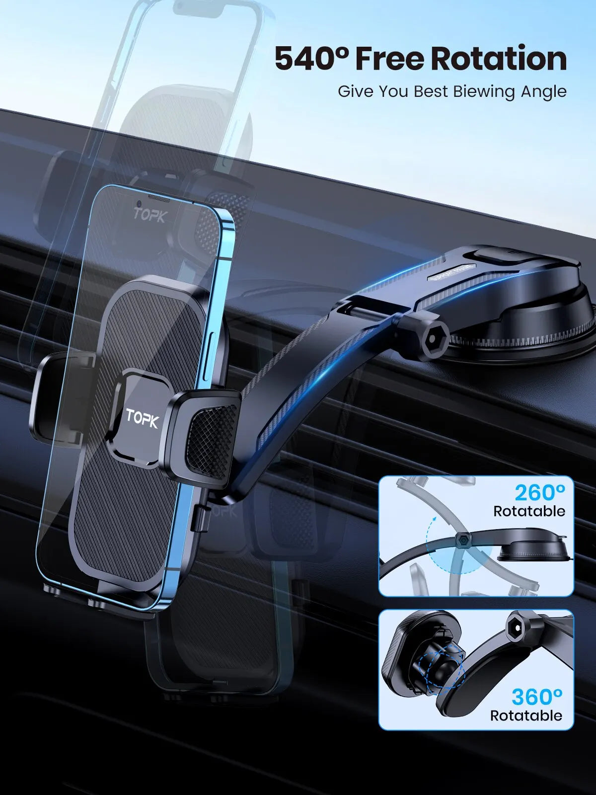 Car phone holder with 540-degree rotation feature on a car dashboard.
