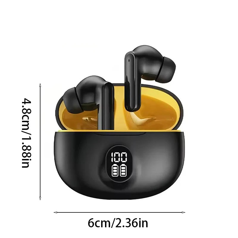 Black wireless earbuds with charging case and battery display, shown with measurements on a white background.