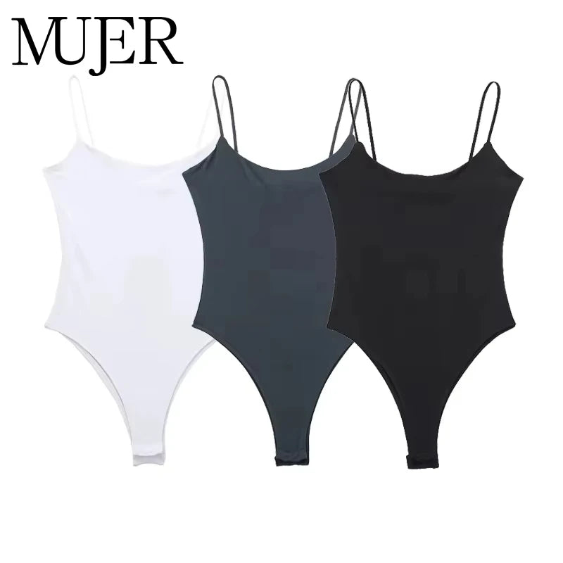 Three spandex tank tops in white, gray, and black on a white background with 'MUJER' branding.