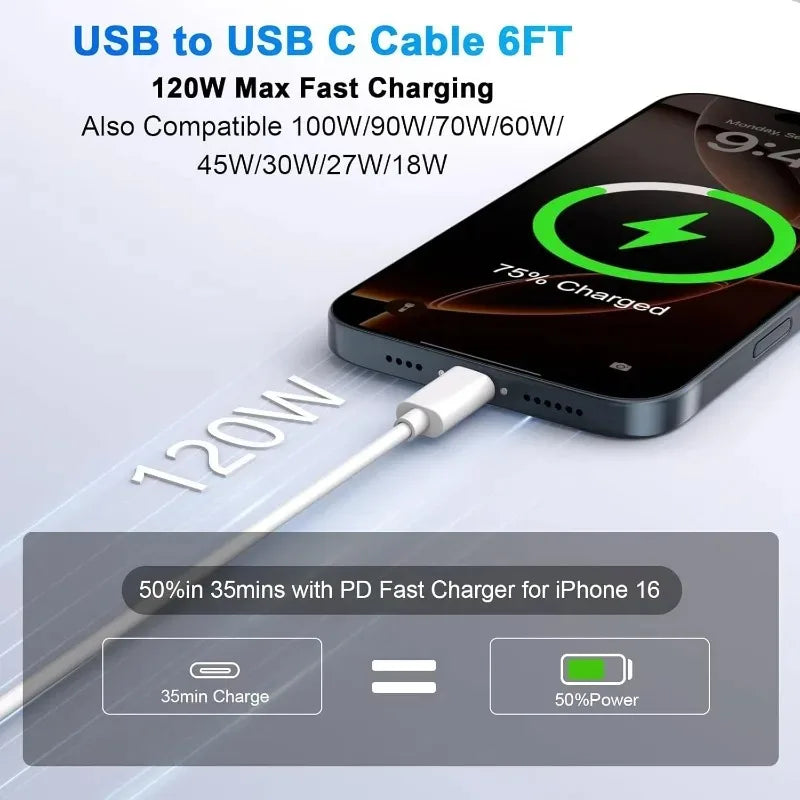 1-3PCS Quick Charging Cable 120W 10A USB A To Type C Fast Charger High-speed Data Transfer Wire Cords for Samsung Xiaomi Huawei