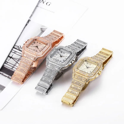 Three diamond-encrusted watches in rose gold, silver, and gold on a white background.