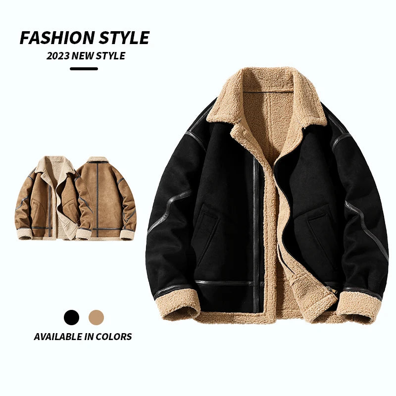 Amerikanischer Retro-Pelz-Einteiler Herren Winter verdickte und Fleece-Lederjacke Air Force Piloten Lammfell-Lederjacke