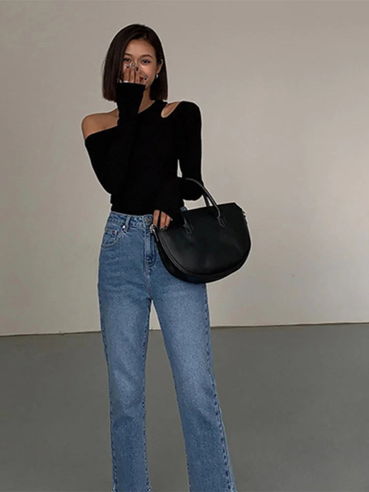 Mode Schräger Kragen Off-Shoulder Langarm-T-Shirts Damen Frühling Neu Einfarbig Slim Fit Crop Top Sexy Hohl Out Tees Shirts