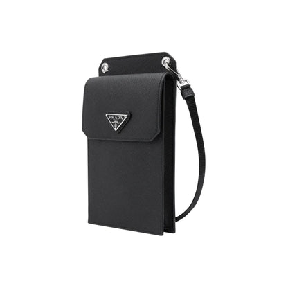 Black phone pouch with Prada logo on a white background