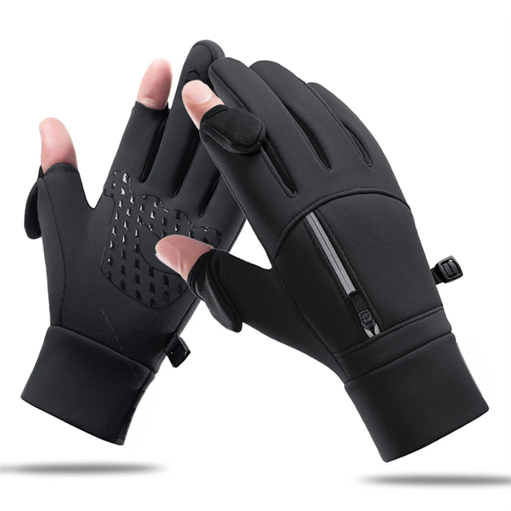 Black touchscreen gloves with a zipper on a white background