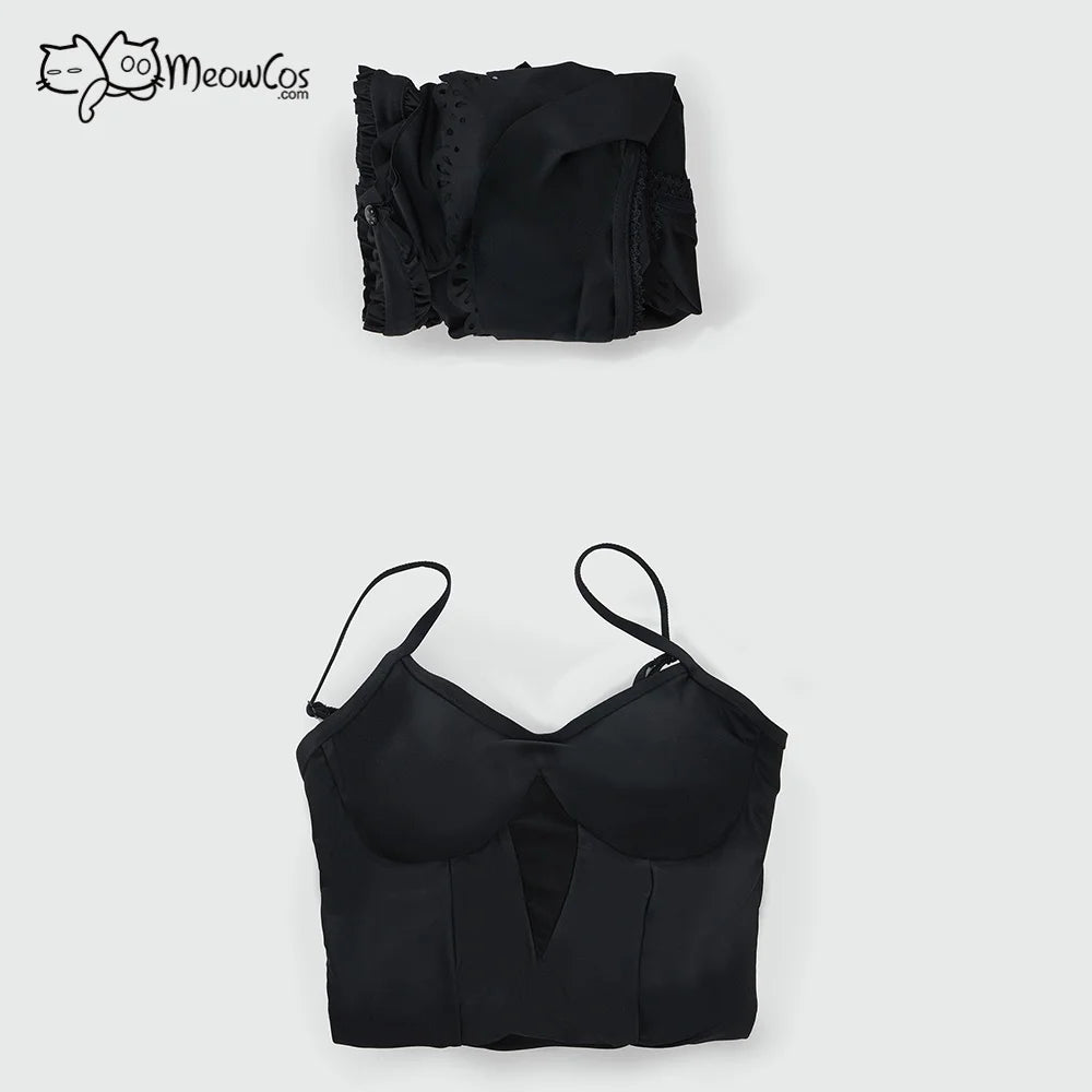 MEOWCOS Damen Gothic Schwarz Viktorianischer Vintage-Stil Neckholder Einteiler Badeanzug mit Neckholder Rüschen-Tuch Bademode
