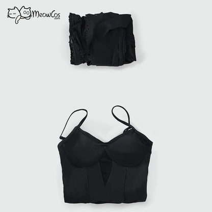 MEOWCOS Damen Gothic Schwarz Viktorianischer Vintage-Stil Neckholder Einteiler Badeanzug mit Neckholder Rüschen-Tuch Bademode