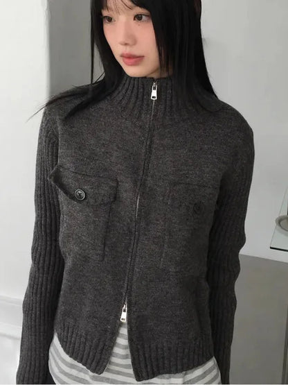 Korean Sle Lazy Thiened Knitted Sweater Coat Women's Autumn Winter Anti-Aging High Collar ort Length Vintage Top