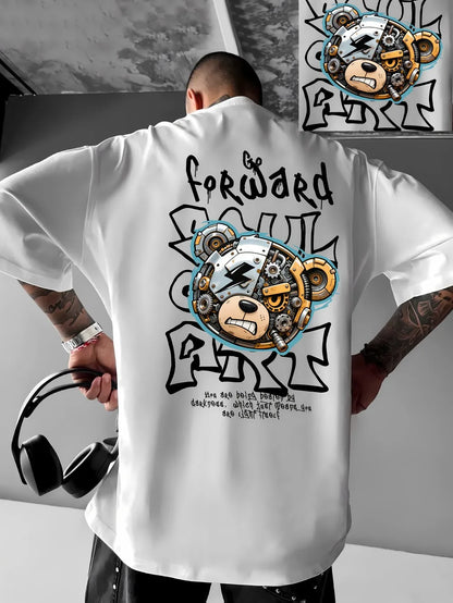 Europäisches und amerikanisches Herren-T-Shirt mit mechanischem Bären-Buchstabenprint, bequem und atmungsaktiv, Rundhals, Outdoor-Street-Top für den Sommer