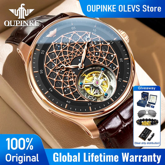 A luxury men's watch by OUPINKE, featuring a rose gold case, a black dial with a geometric gold-tone line pattern, a visible gold-tone tourbillon, and a dark brown leather strap. The watch is presented on a beige leather surface with promotional text overlays and a small 'Giveaway' inset.