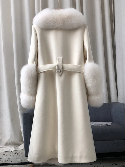 2025 Neuer Winter Damen Naturfuchs Fellkragen Lange Weiße Gänsedaunenjacke Wollmantel Warmer Mantel Dicker Luxus Damenmäntel