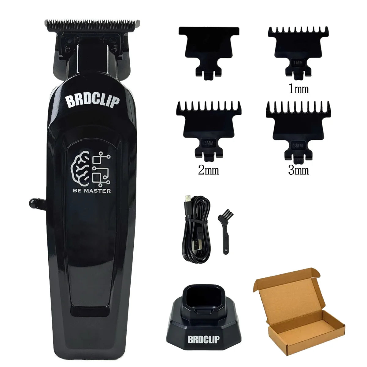 Black hair trimmer set with attachments and charging station on a white background