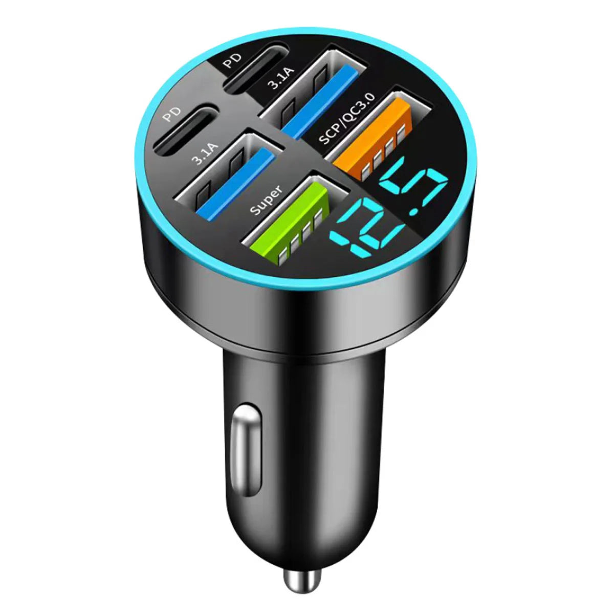 USB-C 6-Port Car Charger — Super Fast Charging with Voltage Detection Display