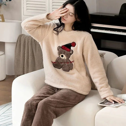 Thickened Warm Large Size Padded Fall and Winter Women's Pajamas Top and Pants Set Coral Velvet Ladies Cartoon Bear 2PCS/Set