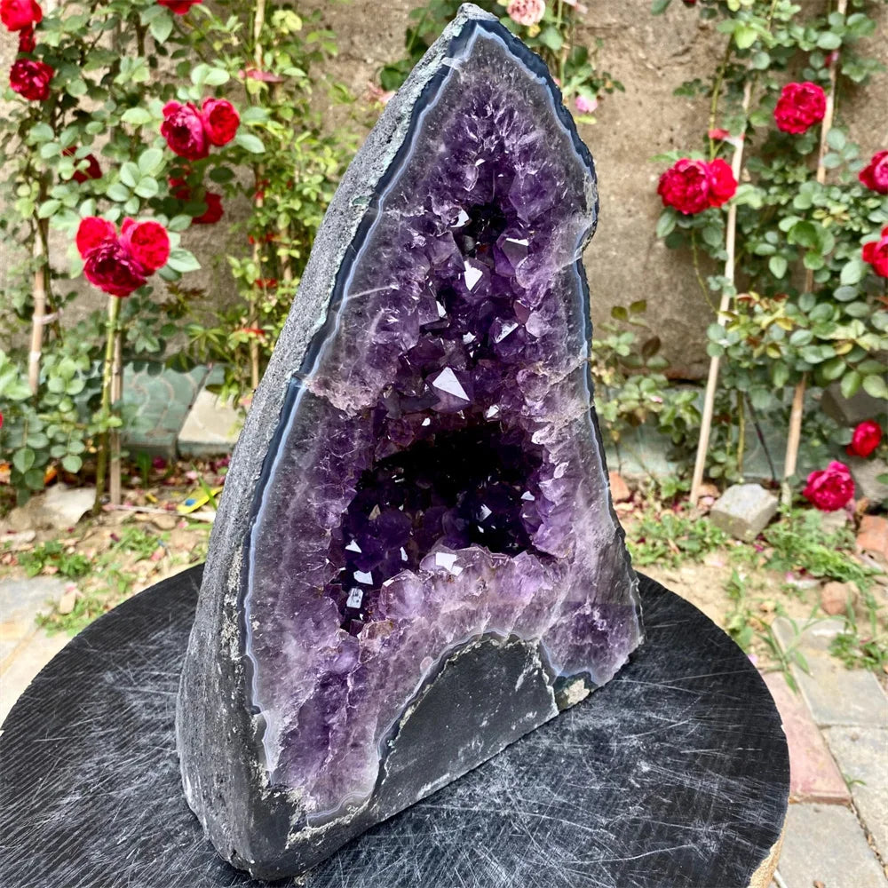 Natural Amethyst Cave Quartz Crystal Group, Cathedral-Style Energy Healing Device With Stand