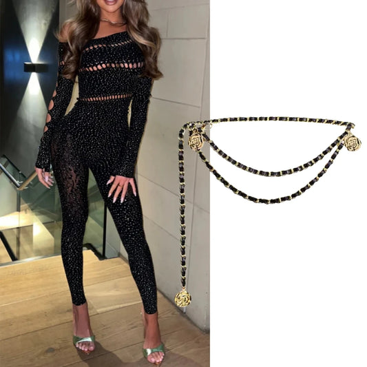 Rhinestone Bodycon One-Shoulder Jumpsuit with Chain
