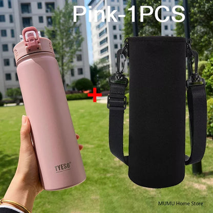 TYESO 600/750ML Thermosflasche mit Strohhalm Edelstahl Auto Thermobecher Sport Wasserflaschen Hält Kalt und Warm Thermobeker