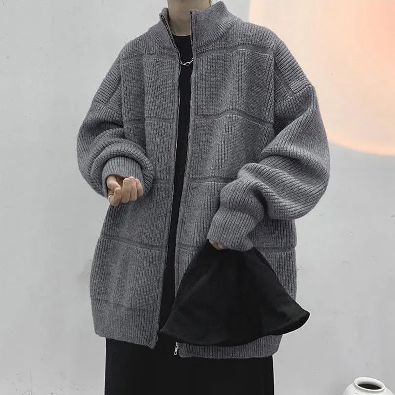 Men's Clothing Stand Collar Cardigan Knitted Casual Autumn Winter All-match Solid Color Loose Spliced Stylish Zipper Sweaters