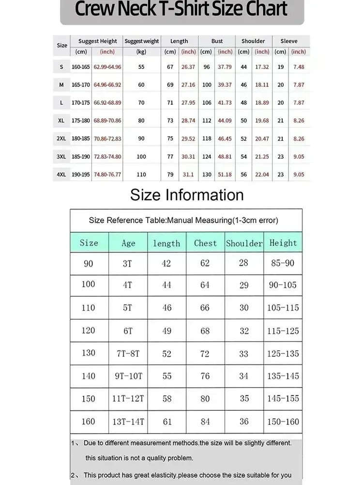 Crew neck t-shirt size chart with measurements and reference table.