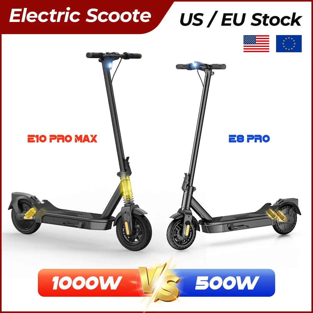 Two electric scooters, E10 Pro Max and E8 Pro, with power ratings displayed on a white background.