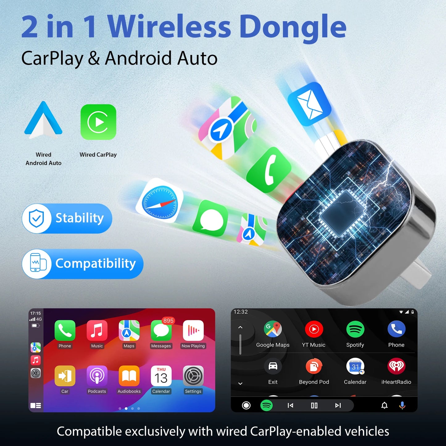 2026 Pionray 2-in-1 kabelloser CarPlay Adapter & Android Auto Wireless Adapter, 5GHz WiFi Type-C/USB Plug and Play kabelloses CarPlay