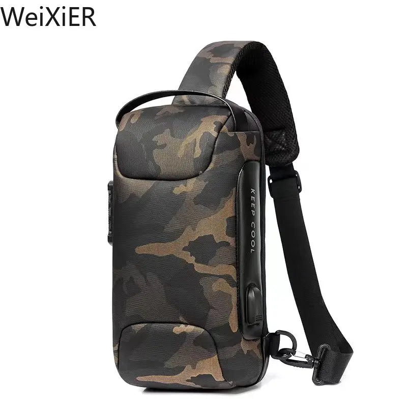Camouflage sling bag with 'Keep Cool' text on a white background, branded 'WeiXiER'.
