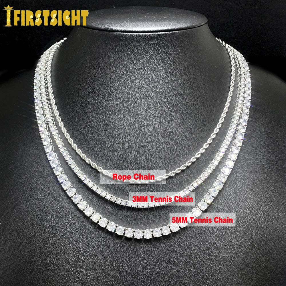 Three types of chains displayed on a black mannequin bust with labels.