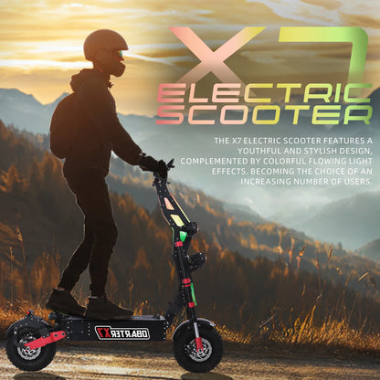 Person riding an electric scooter with scenic mountains in the background