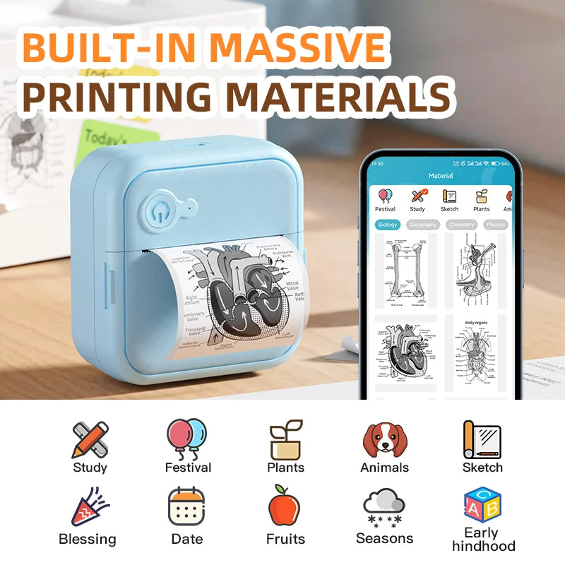 Small printer with printed material and smartphone displaying app interface on a desk.