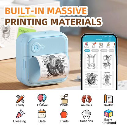 Small printer with printed material and smartphone displaying app interface on a desk.