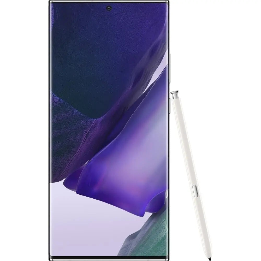 Samsung smartphone with a gradient purple and blue design on a white background