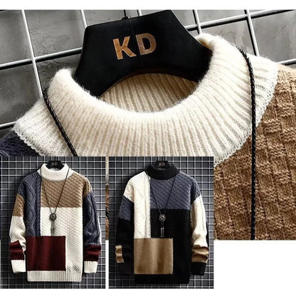 Retro Spliced Thickened round Neck Sweater for Men Loose Fit Knitted Winter Fashion Casual Cotton Polyester Blend Knitwear