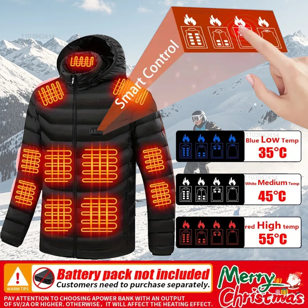 New Heated Jacket Men Women Coats 9/21 Areas USB Self Heated Clothing Winter Ski Camping Heated Down Jacket with Detachable Hood