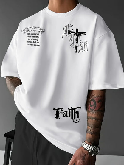 Heiß begehrtes Herren-T-Shirt: Neu, Sommer, Gothic-Buchstabe, Kreuz-Print, weich und atmungsaktiv, Rundhals, Outdoor, Street Style Top