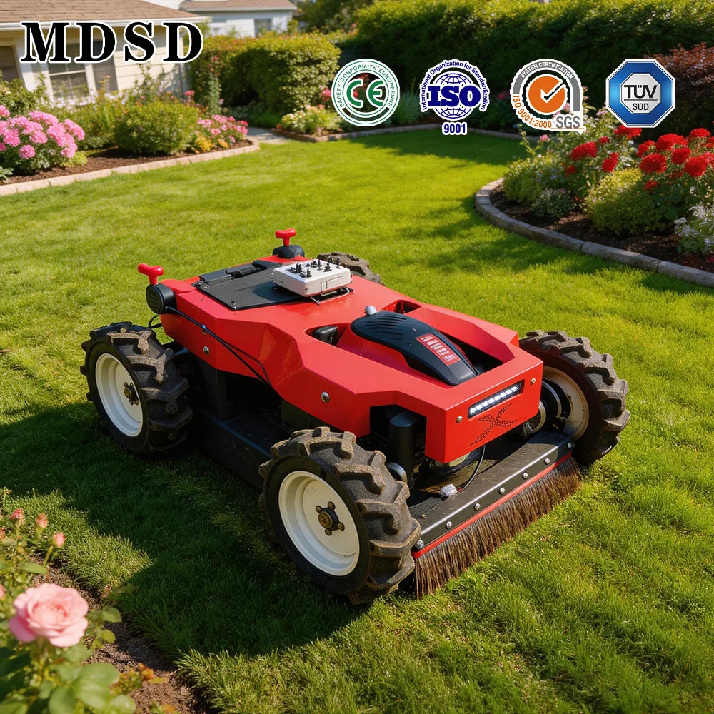 Red robotic lawn mower on a grassy lawn with various certification logos above.