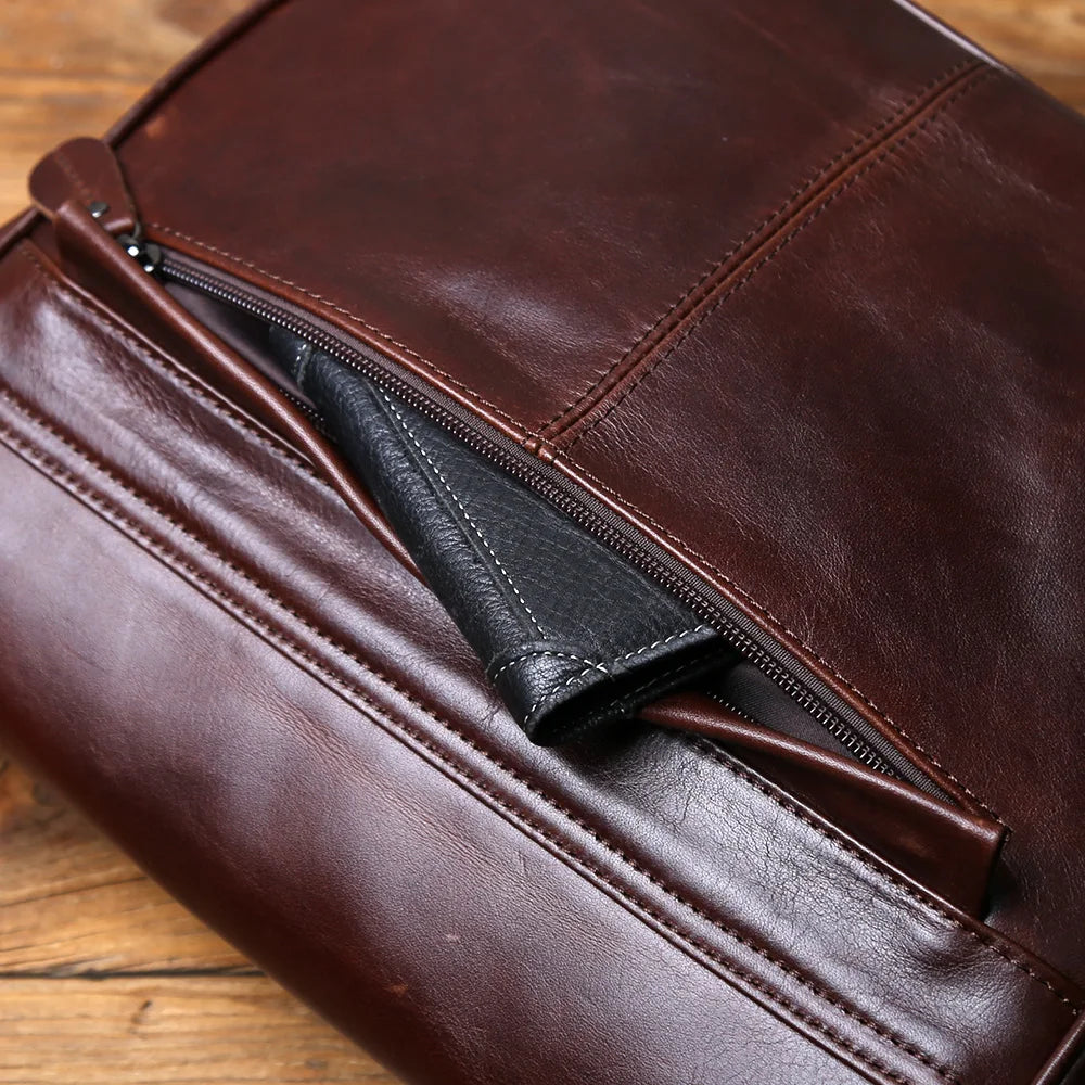 NZPJ Men's Retro Genuine Leather Shoulder Bag Top Layer Cowhide Large Capacity Slant Cross Business Casual Versatile Tablet Bag