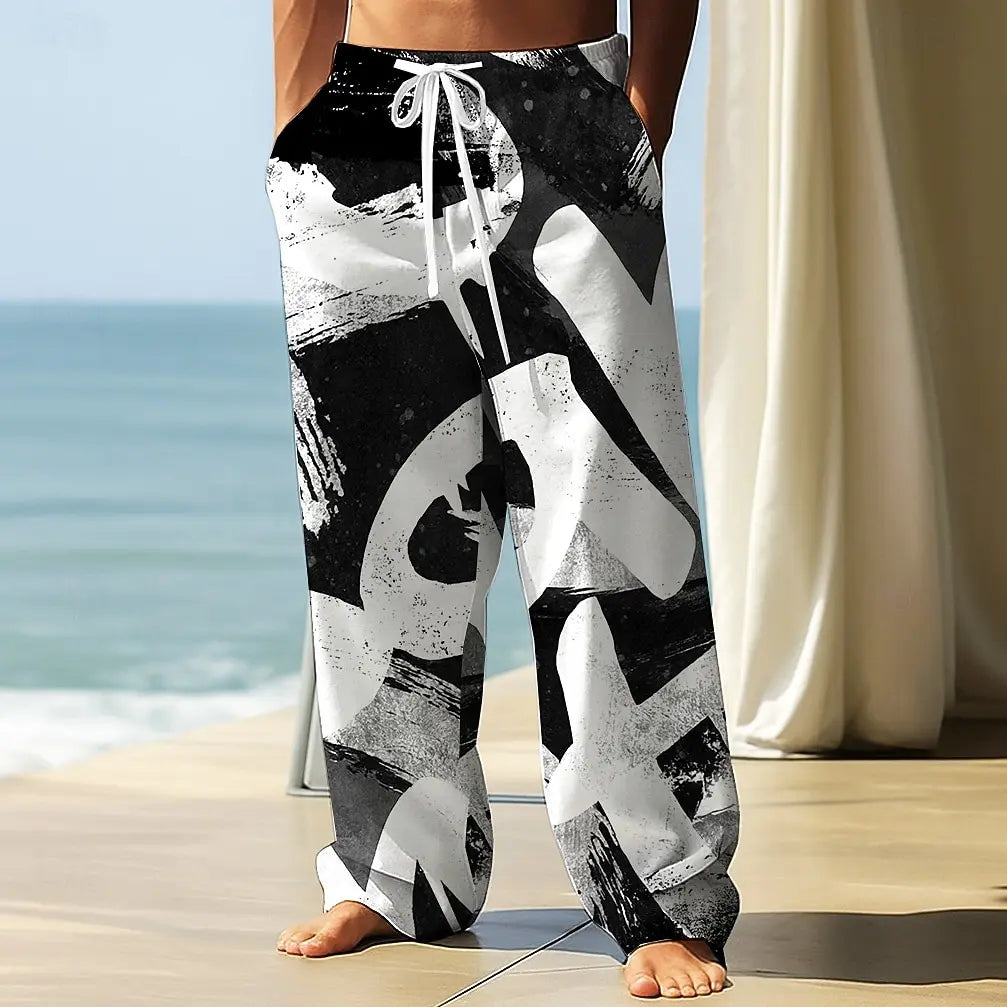2025 Men's Geometric Letter Printing Trousers Baggy Pants Casual Pants Mid Waist Elastic Drawstring Waist Pants Streetwear Fall