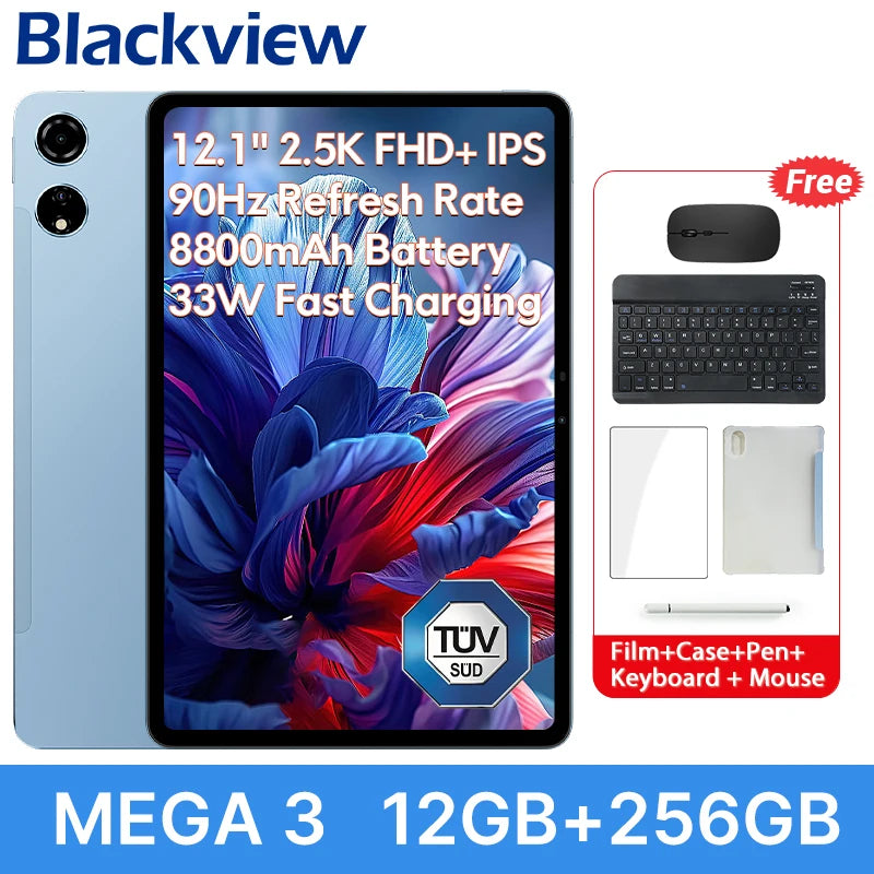 【World premiere】Blackview MEGA 3 Tablet 12.1" 2.5K 90Hz Display 12GB 256GB 8800mAh 50MP Camera 33W Fast Charging Android 15 Pa