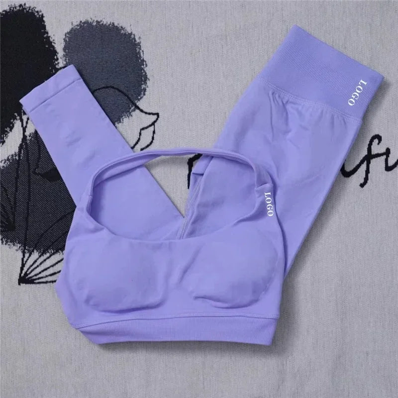 2Pcs Women's Gym Yoga Set Seamless High Waist Leggings Sports Bra Top Workout Outfit Fitness Activewear Running Training Clothes