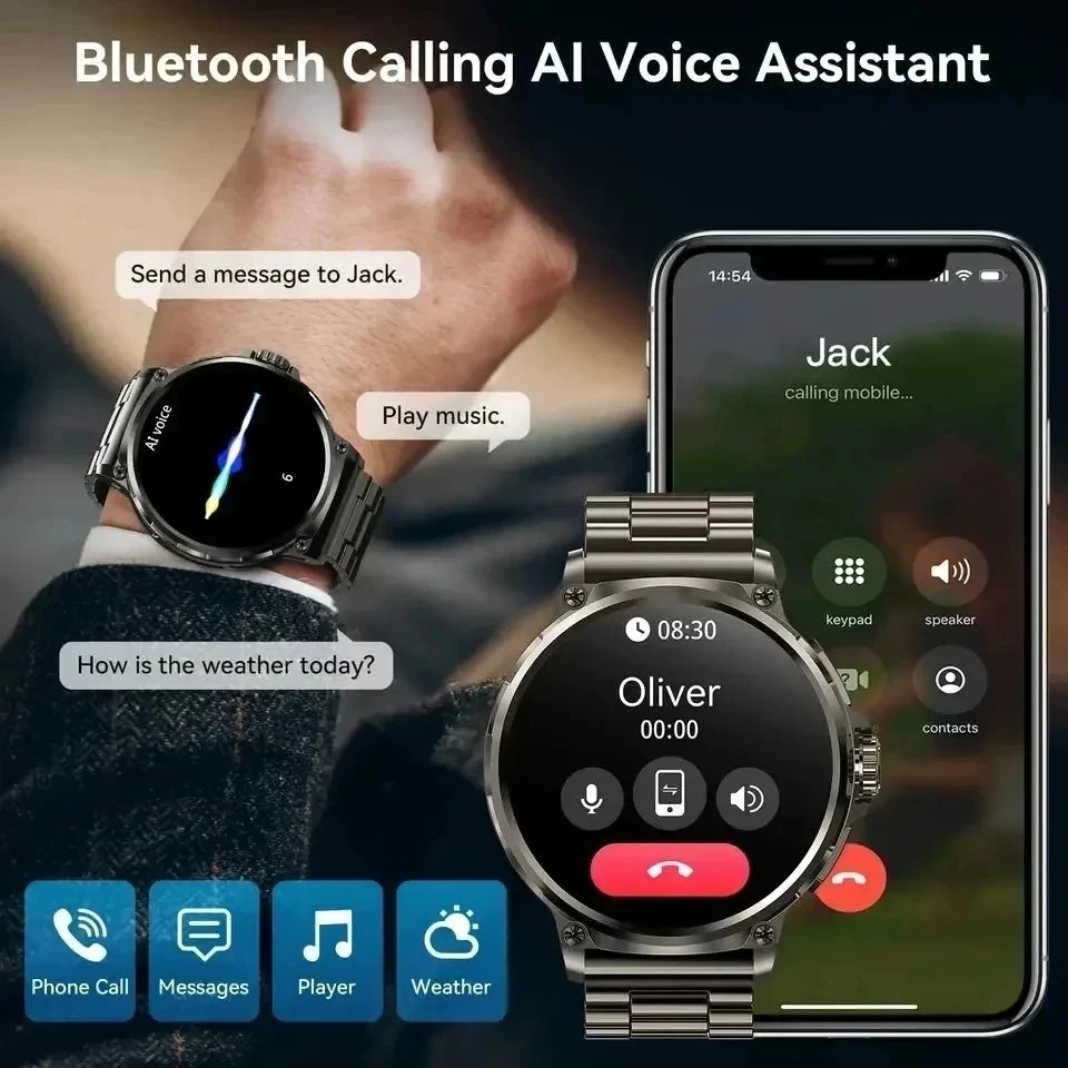 Smartwatch with phone app interface showing Bluetooth calling and AI voice assistant features.