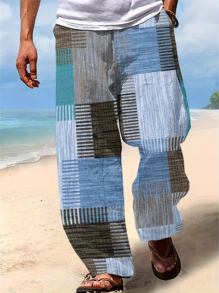 2025 Summer New Men's Casual Pants 3D Retro Shabby Print Beach Pants 100% Polyester Fiber Lightweight Stretch Cord Sweatpants