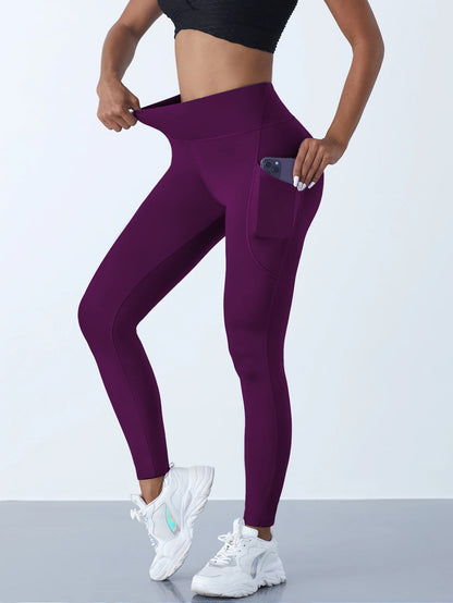 Neue High-Waist-Damen-Leggings Stretch-Yoga-Hosen Strumpfhosen mit Taschen Push-Up-Fitness-Lauf-Sportbekleidung Unifarbene Hosen