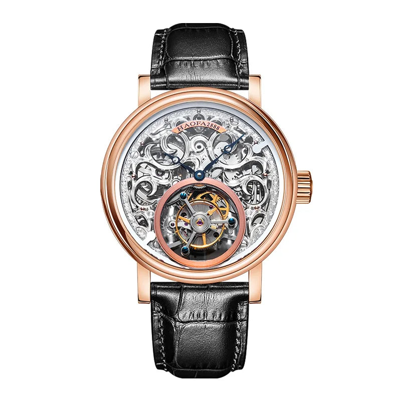 18K Gold Tourbillon Watch Hollow Carving Movement Manual Mechanical Watch Sapphire